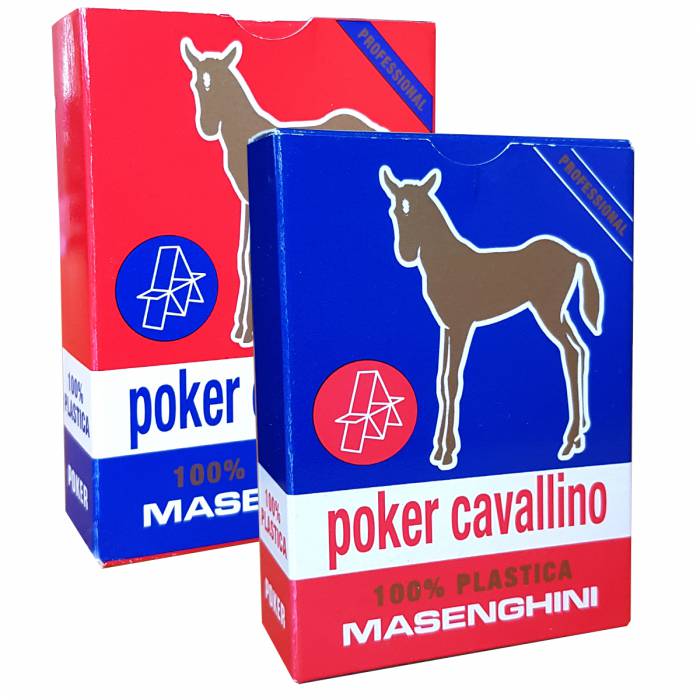 Pacchetto Duo Masenghini "CAVALLINO" - 2 mazzi di 55 carte al 100% in plastica - Formato Poker XL - 4 indici standard.