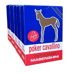 Cartouche Masenghini "CAVALLINO" Bleu - 5 Jeux de 55 cartes 100% plastique - Format Poker XL - 4 index standards