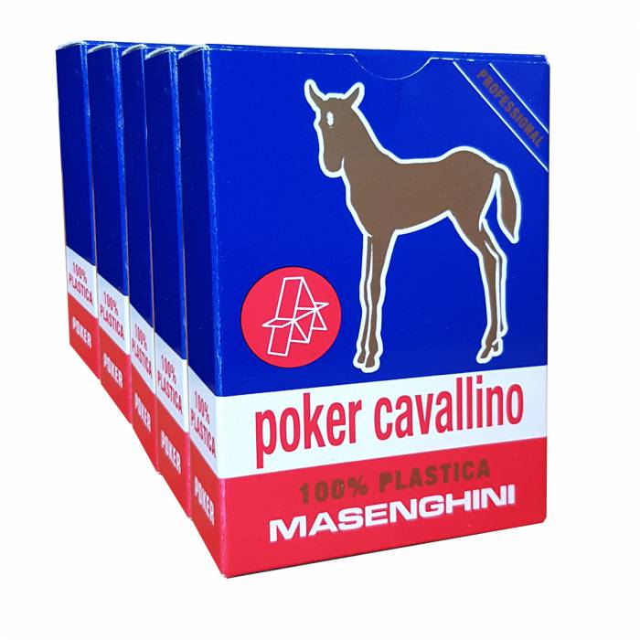 Cartuccia Masenghini "CAVALLINO" Blu - 5 mazzi di 55 carte in plastica 100% - Formato Poker XL - 4 indici standard.