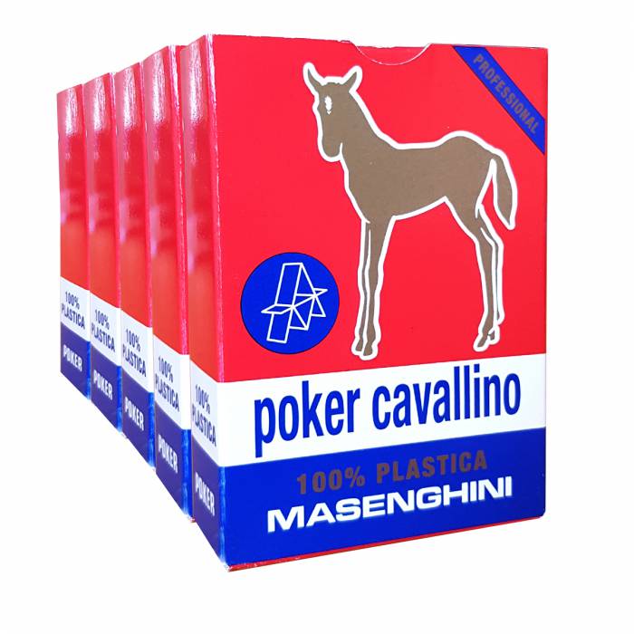 Baraja Masenghini "CAVALLINO" Roja - 5 juegos de 55 cartas 100% plástico - Formato Poker XL - 4 índices estándar.