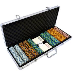 Pokerset med 500 "CROWN" Pokerchips - CASH GAME-version - i 14g lerkompositmaterial - med tillbehör.