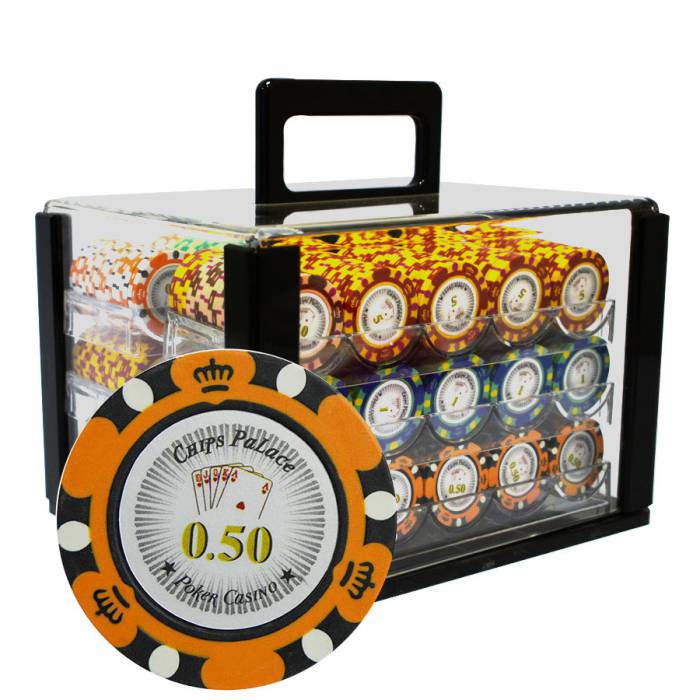 Jaula de pájaros con 600 fichas de póker "CROWN" - versión CASH GAME - en composite de arcilla de 14 g.