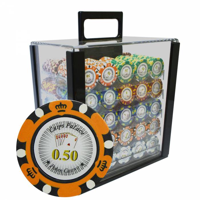 Jaula de pájaros con 1000 fichas de póker "CROWN" - versión CASH GAME - hechas de composite de arcilla de 14 g.