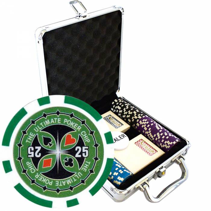 Mallette de 100 jetons de poker "ULTIMATE POKER CHIPS" - version TOURNOI - en ABS insert métallique 12 g - avec accessoires