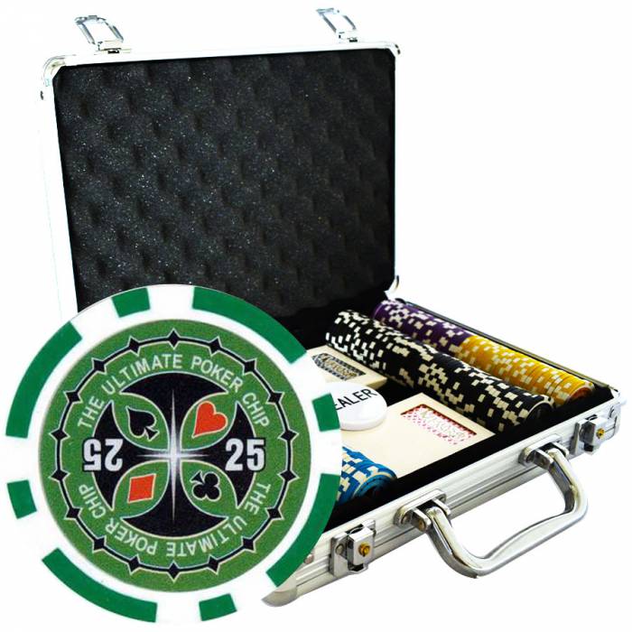 Maletín de 200 fichas de póker "ULTIMATE POKER CHIPS" - versión TORNEO - en ABS con inserciones metálicas de 12 g - con accesori
