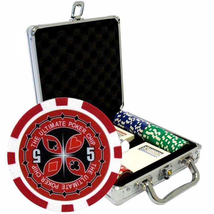 Funda de 100 fichas de póker "ULTIMATE POKER CHIPS" - versión CASH GAME - en ABS con inserción metálica de 12 g - con accesorios