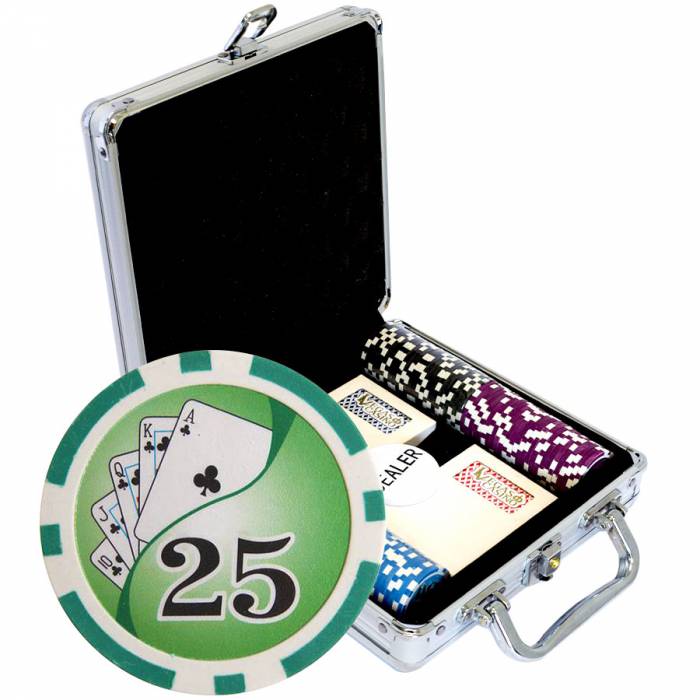 "Poker chip set of 100 'YING YANG' tournament version - made of 12g ABS with metal insert - includes accessories."