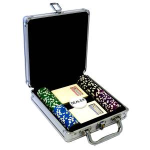 Maletín de 100 fichas de póker "WELCOME LAS VEGAS" - versión TORNEO - en ABS con inserción metálica de 12 g - con accesorios.