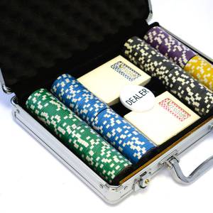 Koffer met 200 pokerchips "WELCOME LAS VEGAS" - TOERNOOI-versie - gemaakt van ABS met metalen inleg, 12 g - met accessoires.