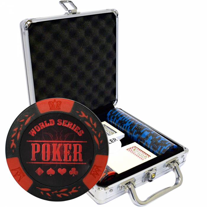 "World Series" 100-piece poker chip set – made of 14g clay composite – with accessories.