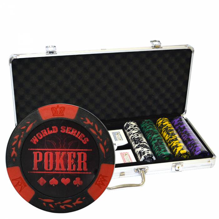 Pokerchipsväska med 400 "WORLD SERIES" - marker i clay composite 14 g - med tillbehör.