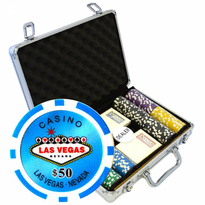Maletín de 200 fichas de póquer "WELCOME LAS VEGAS" - versión TORNEO - de ABS con inserto metálico de 12 g - con accesorios.
