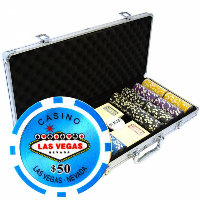 "Welcome to Las Vegas" Poker Chip Set - Tournament Version - 400 chips in ABS with 12g metal insert - includes accessories.