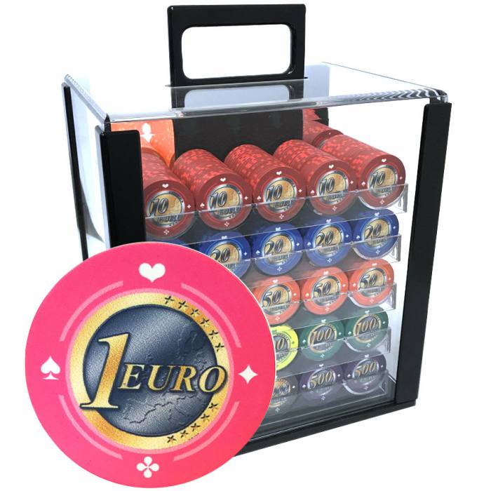 Jaula de pájaros con 1000 fichas de póker "Serie 1 - Euro" - en cerámica de 10 g EXCLUSIVIDAD DE CARTAS PRODUCCIÓN.