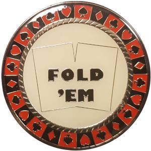 Card-Guard "HOLD'EM FOLD'EM" - made of metal - 2 different faces - 50mm in diameter.