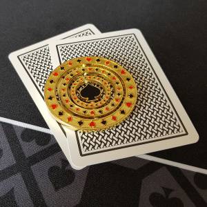 Card-Guard "TRIPLE SPINNER SPADE" - in brass - 50mm in diameter.