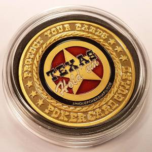 Card-Guard z mosiądzu "TEXAS HOLD'EM" - 38 mm - w plastikowym etui.