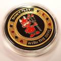 Kaartbeschermer "DONT PLAY WITH DEVIL" - messing - 2 verschillende zijden - 40 mm diameter