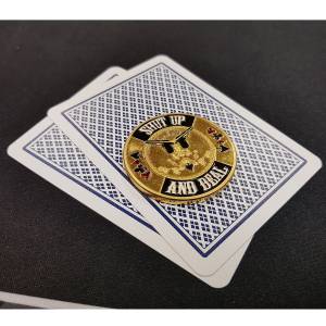 Card Guard "SHUT UP AND DEAL" - in brass - 40 mm - in its protective plexiglass token holder.