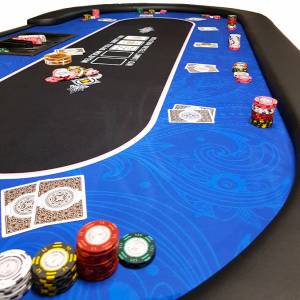 Mesa de poker "FLORÉAL BLUE" - com pés dobráveis reforçados - coberta com tecido de neoprene - 10 jogadores + crupiê