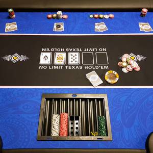 Mesa de póker "FLORÉAL BLUE" - con patas plegables reforzadas - tapete de neopreno - para 10 jugadores + repartidor