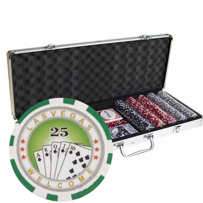 Valigetta da 500 fiches da poker "ROYAL FLUSH" - in plastica ABS da 11,5g - fornita con 2 mazzi di carte e accessori.