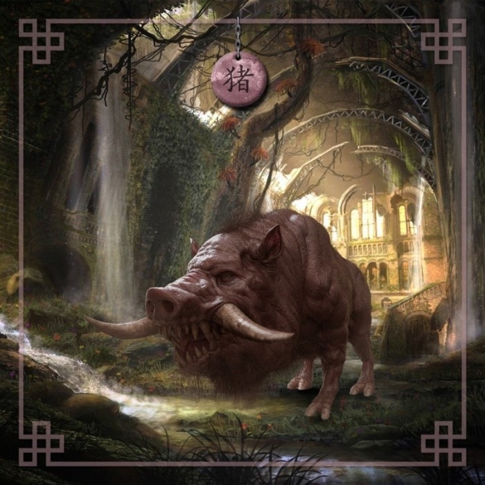 Tapete de cartomancia "ASTRO CHINÊS PORCO" - jersey de neoprene - quadrado - 80 x 80 cm