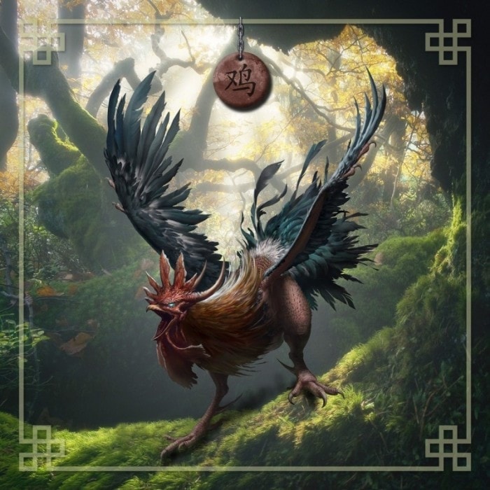 "Chinese Astro Rooster" Tarot Mat - neoprene jersey - square - 80 x 80 cm.