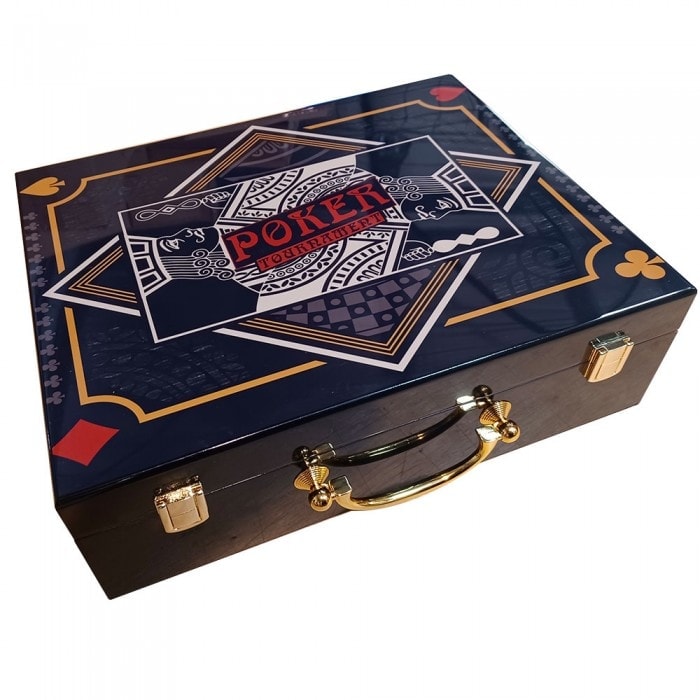 "POKER TOURNAMENT" wooden storage box for 500 poker chips - removable tray - wooden bottom.