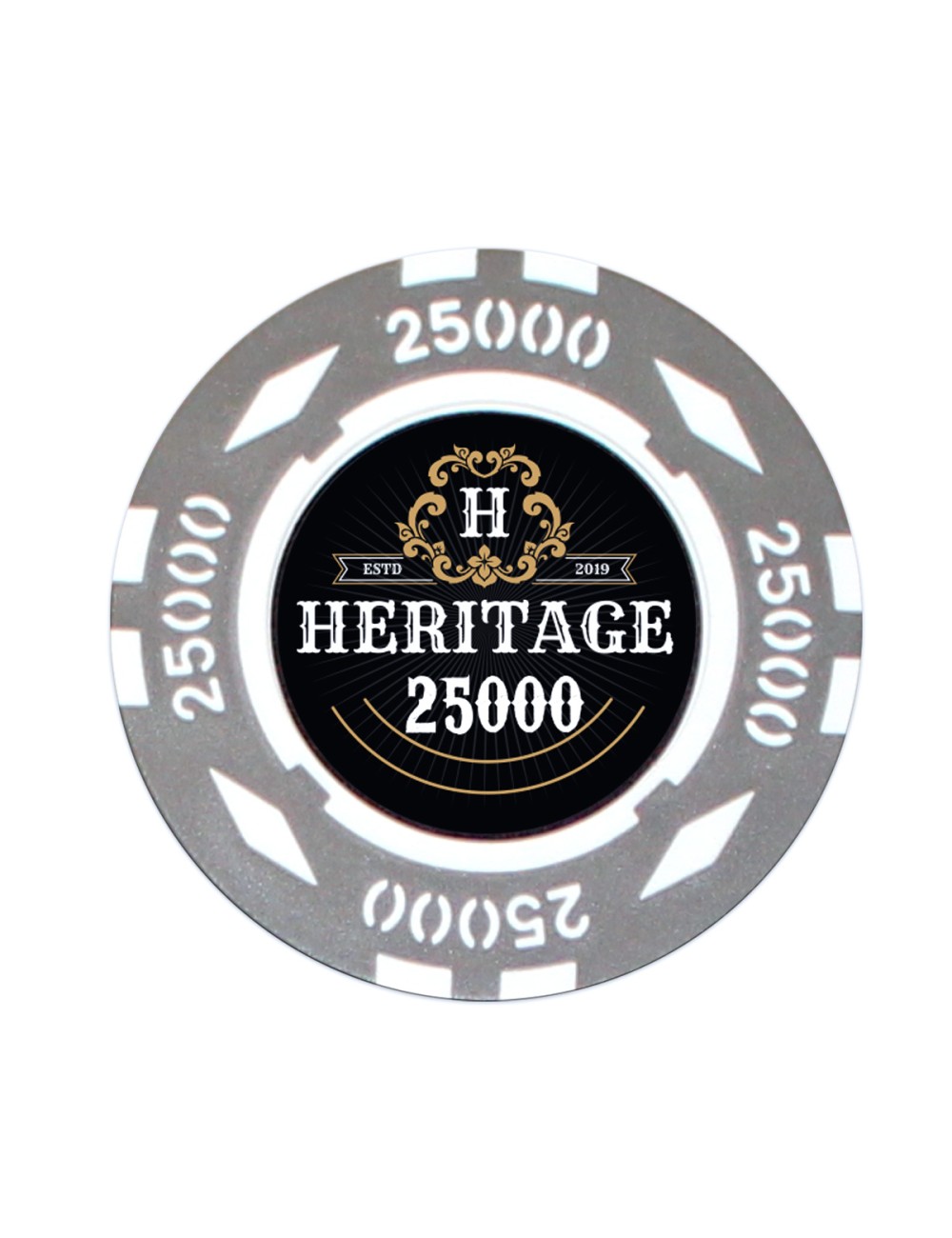 Ficha de poker "HERITAGE 25000" - 14g - em composto de argila com inserção de metal - disponível para venda por unidade.