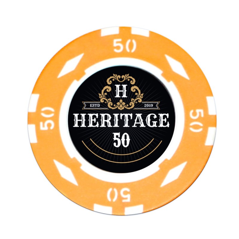 Poker chip "HERITAGE 50" - 14g - made of clay composite with metal insert - available for sale individually.