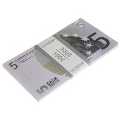 Bundel van "25 valse biljetten van € 5" - imitatie bankpapier - twee bedrukte zijden.