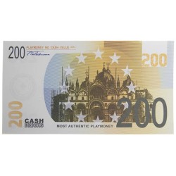 Paczka "25 podróbionych banknotów o nominale 200 euro" - imitacja papieru bankowego - obie strony są wydrukowane.