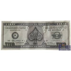 En bunt med "25 falska 2-dollarsedlar" - imitation av bankpapper - tvåsidigt tryckta.