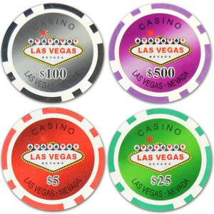 Pokerchipsväska med 300 chips "WELCOME LAS VEGAS" - turneringsversion - i ABS med metallinlägg 12 g - med tillbehör.