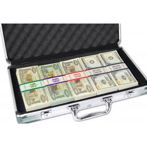 "CASH" imitation aluminum storage case for counterfeit bills - wooden background.