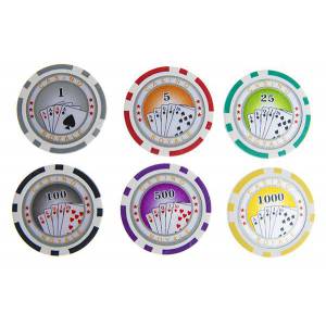 500 "ROYAL FLUSH" poker chip set - made of ABS plastic with 11.5g weight - comes with 2 decks of cards and accessories.