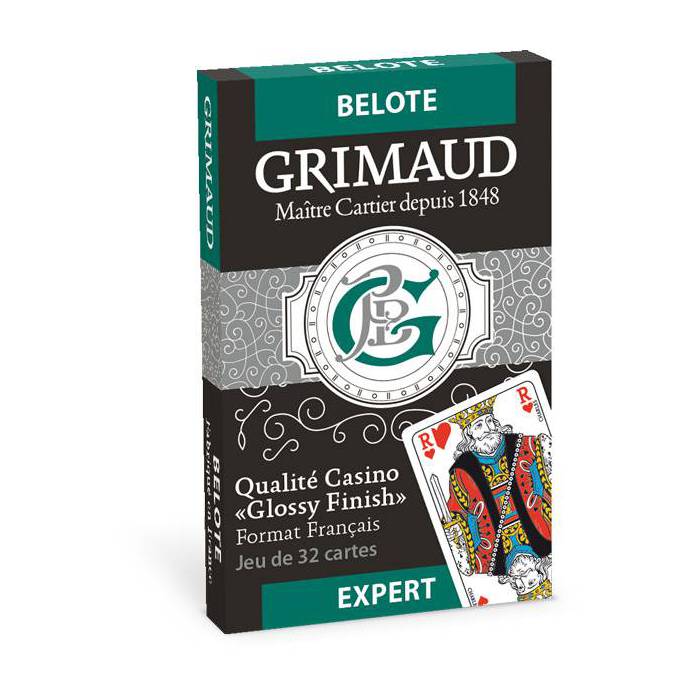 Grimaud Expert Belote - jeu de 32 cartes cartonnées plastifiées - format bridge – 4 index standards