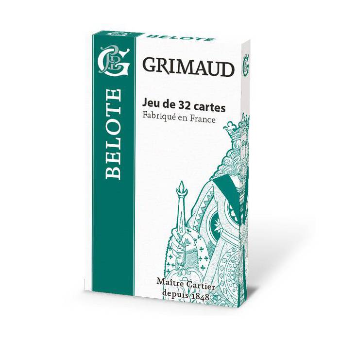 Grimaud Origine Belote - jeu de 32 cartes cartonnées plastifiées -  format bridge – 4 index standards