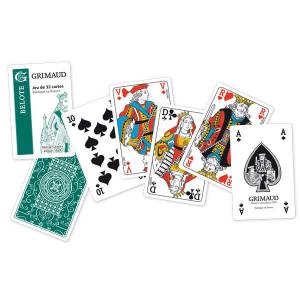 Grimaud Origine Belote en boîtier plastique - jeu de 32 cartes cartonnées plastifiées - format bridge – 4 index standards