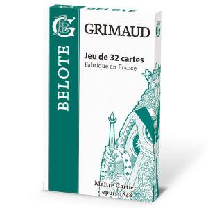 Grimaud Origine Belote en caja de plástico - juego de 32 cartas de cartón plastificado - formato bridge