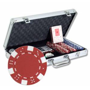 Koffer mit 300 Pokerchips "DICE" - aus ABS-Kunststoff mit 11,5g Metalleinsatz - wird mit 2 Kartenspielen und Zubehör geliefert.