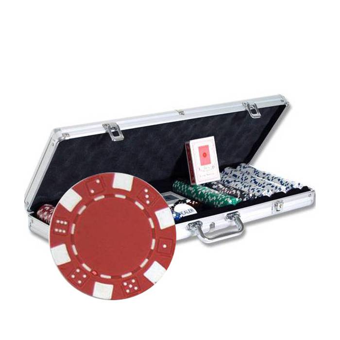 Maleta de 500 fichas de poker "DICE" - em plástico ABS com inserção metálica de 11,5g - 2 baralhos de cartas e acessórios.