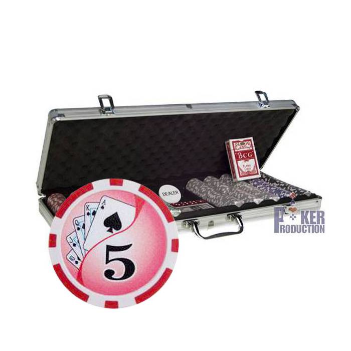 Valigetta da 500 fiches da poker YING YANG - in plastica ABS, inserto metallico - fornita con 2 mazzi di carte e accessori.