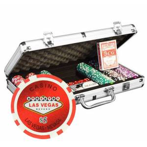 Maletín de 300 fichas de póker "WELCOME LAS VEGAS" - de plástico ABS de 11,5g - viene con 2 barajas de cartas y accesorios.