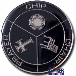 Card-Guard "CHIP-CHAIR-PRAYER" - made of metal - 2 different sides - 50mm in diameter.