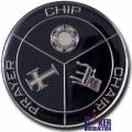 Kortskydd "CHIP-CHAIR-PRAYER" - i metall - 2 olika sidor - 50 mm i diameter.