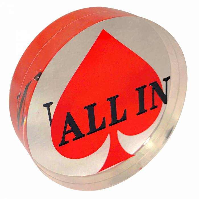 ALL IN button "Spade" - made of plexiglass - dimensions: 7 x 2 cm.