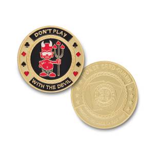Kaartbeschermer "DONT PLAY WITH DEVIL" - messing - 2 verschillende zijden - 40 mm diameter